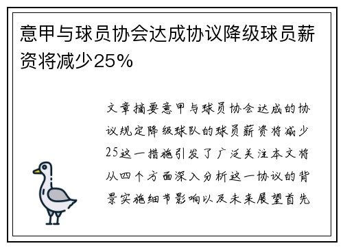 意甲与球员协会达成协议降级球员薪资将减少25%