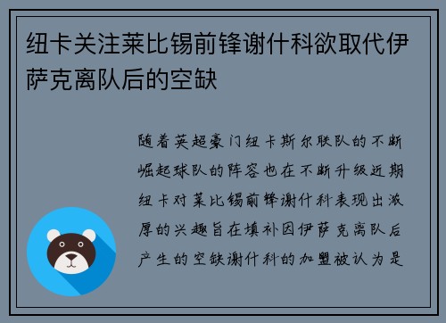 纽卡关注莱比锡前锋谢什科欲取代伊萨克离队后的空缺