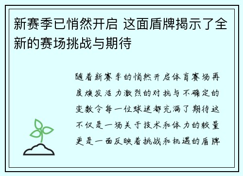 新赛季已悄然开启 这面盾牌揭示了全新的赛场挑战与期待